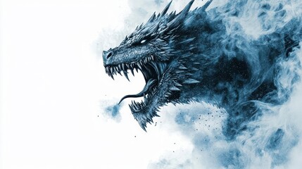 Fototapeta premium A fierce ice dragon roaring in a frozen tundra, snow swirling around it, digital illustration, dramatic pose, isolated on white background