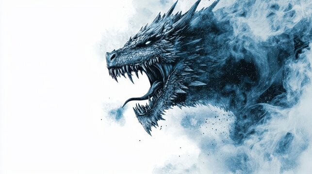 A fierce ice dragon roaring in a frozen tundra, snow swirling around it, digital illustration, dramatic pose, isolated on white background