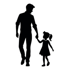a father and daughter walking hand in hand. The father is on the left side of the image, with his back to the viewer, and the daughter on the right side