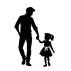 a father and daughter walking hand in hand. The father is on the left side of the image, with his back to the viewer, and the daughter on the right side