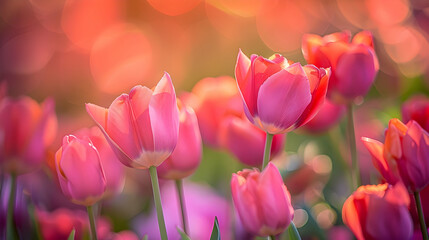 Obraz premium Vibrant Pink Tulips Blooming in a Field