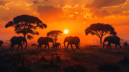 Fototapeta premium A sunset safari scene with an orange sky, silhouettes of elephants and acacia trees creating a dramatic landscape.