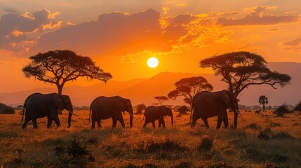 Fototapeta premium A sunset safari scene with an orange sky, silhouettes of elephants and acacia trees creating a dramatic landscape.