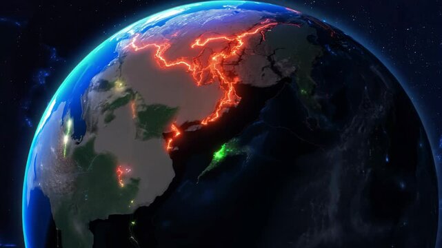 Dark globe with glowing tectonic plates and red fault lines symbolizing Earth's internal energy