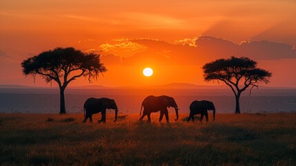 A sunset safari scene with an orange sky, silhouettes of elephants and acacia trees creating a dramatic landscape.