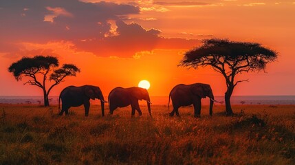 Fototapeta premium A sunset safari scene with an orange sky, silhouettes of elephants and acacia trees creating a dramatic landscape.