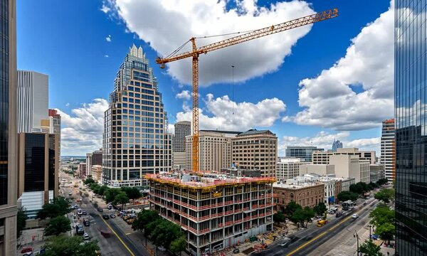 A view of ongoing construction at a downtown site in Austin showcases a large crane and the bustling urban environment under a vivid blue sky with fluffy clouds