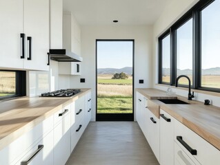A kitchen with a window and a sink. The sink is black and the window is black. The kitchen has a countertop made of wood