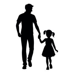 a father and daughter walking hand in hand. The father is on the left side of the image, with his back to the viewer, and the daughter on the right side