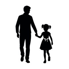 a father and daughter walking hand in hand. The father is on the left side of the image, with his back to the viewer, and the daughter on the right side