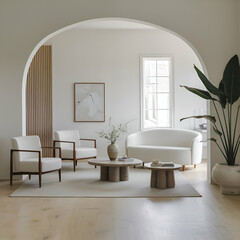 Fototapeta premium Japandi, minimalist interior design of modern living room with arch door way.
