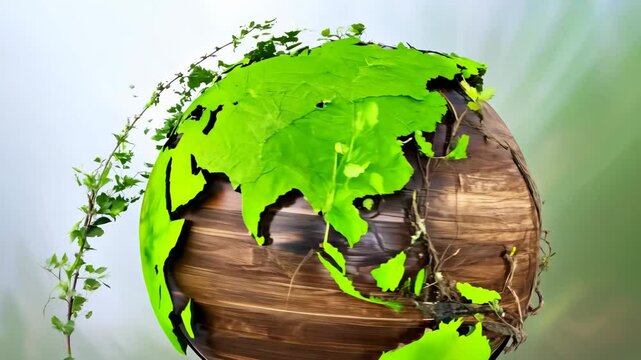 Globe of intertwined tree branches and roots with leaves growing symbolizing natural regeneration
