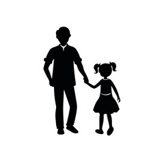 a father and daughter walking hand in hand. The father is on the left side of the image, with his back to the viewer, and the daughter on the right side