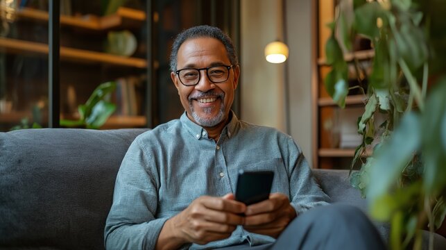 Happy senior biracial man sitting on couch and using smartphone