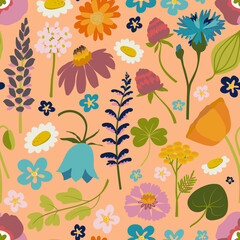 Seamless wildflowers pattern. Floral repeating print. Meadow flowers background. Botanic vibrant flowers wallpaper. Perfect for wrapping, packing, stationary, fabric, textile, art and craft projects. 