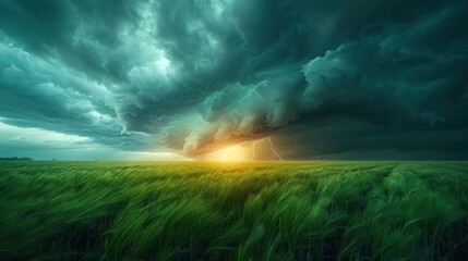 Fototapeta premium Dark ominous clouds in front of a hurricane over a green field. Stunning texture photo of thunderclouds.