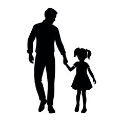 a father and daughter walking hand in hand. The father is on the left side of the image, with his back to the viewer, and the daughter on the right side