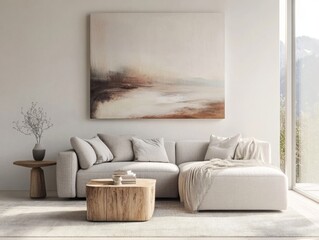 A white couch with a brown blanket on it. A coffee table with a vase on it. A painting on the wall. A window with a view of the mountains