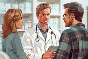 Fototapeta premium A doctor speaks to a couple in a medical setting, with shelves of medicine in the background. The couple looks concerned.