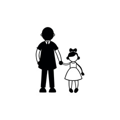 a father and daughter walking hand in hand. The father is on the left side of the image, with his back to the viewer, and the daughter on the right side