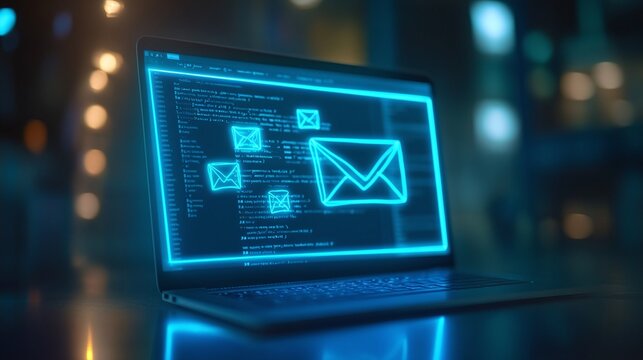 Digital laptop displaying glowing email icons and code on screen. Email Marketing concept.