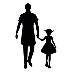 a father and daughter walking hand in hand. The father is on the left side of the image, with his back to the viewer, and the daughter on the right side