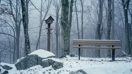 A park scene in winter with a freshly-fallen snow, featuring a bench and birdhouse among the bare trees, enveloped in cold mist.