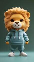 A lion character in a teal hoodie and camouflage shorts.