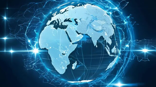 Globe wrapped in electric neon blue web with flowing arcs between continents