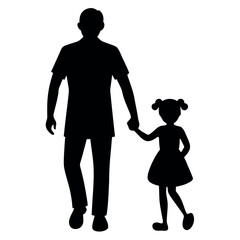a father and daughter walking hand in hand. The father is on the left side of the image, with his back to the viewer, and the daughter on the right side