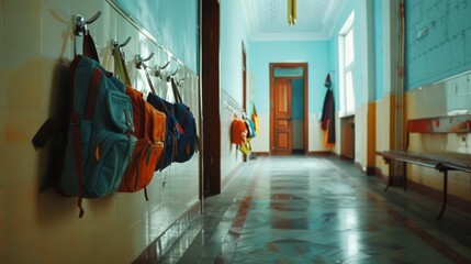 Bright school corridor with vibrant backpacks hanging on hooks and sunlight filtering through windows.