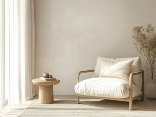 A white chair is in a room with a white wall. A vase with flowers is on a table next to the chair