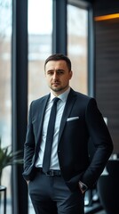Confident Businessman in Suit Standing by Window