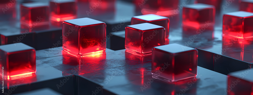 Wall mural illuminated red cubes with reflective surface