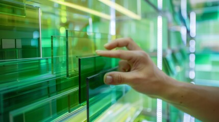 A detailed hand selecting green glass panels arranged vertically in an artistic installation, capturing care and creativity.