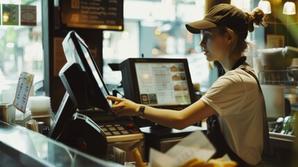 A worker operates a cash register in a fast-food restaurant, highlighting the hustle and customer service of the food industry.