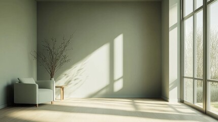 Fototapeta premium A large empty room with a chair and a vase. The chair is on the left side of the room