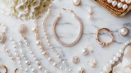 Obraz premium A flat-lay of pearl jewelry, including earrings, necklaces, and rings, arranged artistically on a marble surface.
