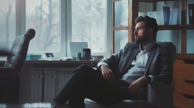 A pensive man in a business suit sits by a window, the soft morning light creating a calm and introspective workspace.