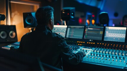 A sound engineer intently works at a mixing console in a dim recording studio, focused on perfecting audio tracks in a modern, high-tech environment.