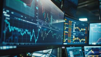 Fototapeta premium Multiple screens displaying financial data, charts, and graphs in a busy, high-tech trading environment.
