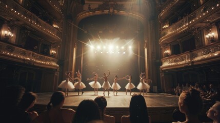 Obraz premium Ballerinas in white tutus gracefully performing on a grand, ornate stage, illuminated by warm, golden lights in a historic theater.