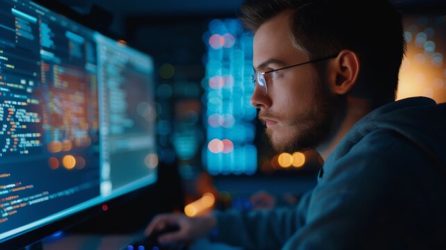 A focused programmer engrossed in writing code on dual monitors in a dimly lit office, reflecting the intense concentration needed for software development.