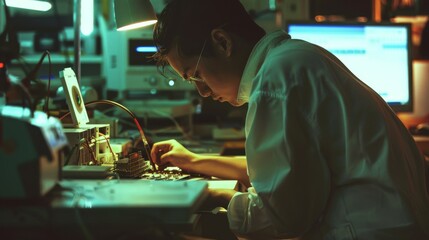 A focused scientist examines electronic components at a workstation, with ambient lighting creating a diligent and studious atmosphere.