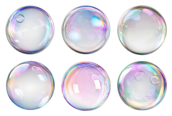 Colorful Soap Bubbles Collection on Transparent Background - Iridescent Spheres for Creative Projects, Digital Art, Backgrounds, and More - Perfect for Graphic Design and Artistic Endeavors.