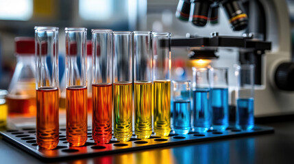 A microscope is used to view a collection of colorful test tubes. The tubes are filled with different colored liquids, and the microscope is focused on one of them