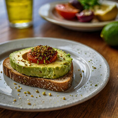 A portrait image of a brown seeded slice of toast topped with smashed avocado