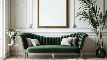 Elegant green velvet sofa with gold accents in a classic, sunlit room with tall white walls and a lush green plant in the corner.