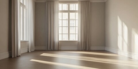 Obraz premium A large room with white curtains and a window. The curtains are open and the room is empty