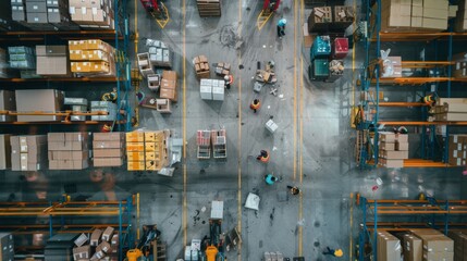 A detailed view from above of a large warehouse, where numerous workers organize and maneuver boxes and pallets amidst organized aisles.